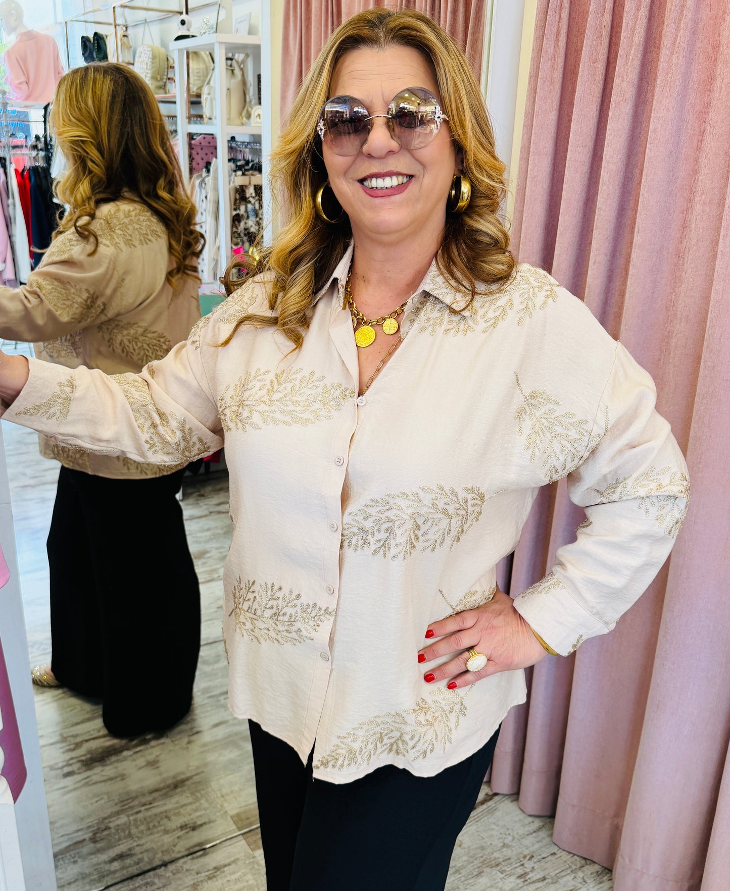 Πουκάμισο Cotton με Χρυσό Κέντημα Plus Size Μπεζ-3