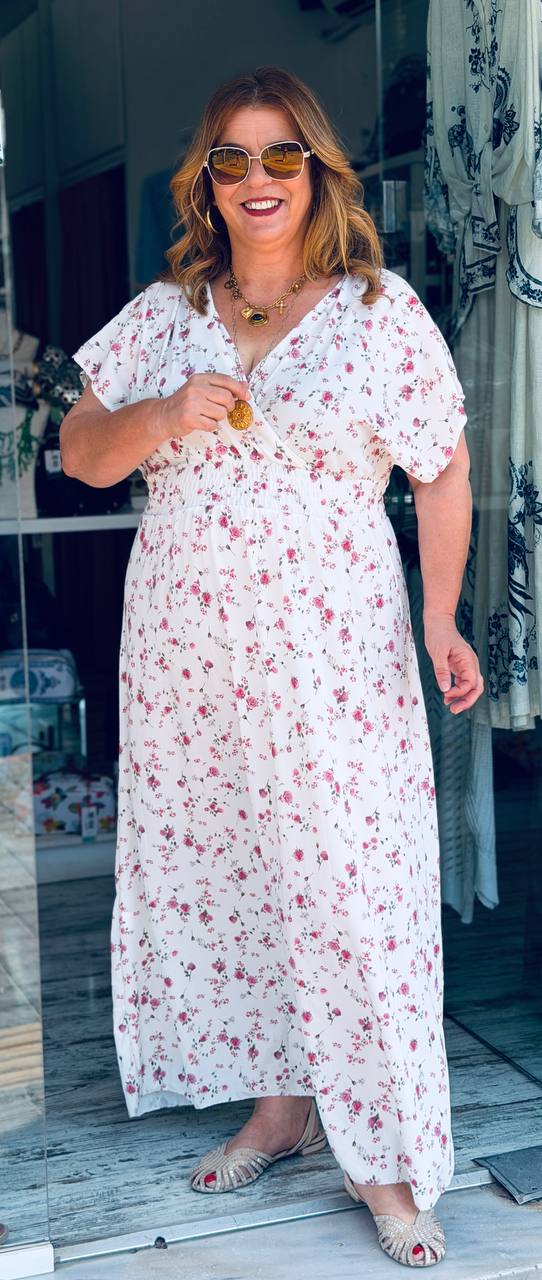 Maxi Floral Φόρεμα με Σφηκοφωλιά στη Μέση