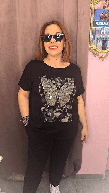 Γυναικείο T-Shirt με Πεταλούδα Print Μαύρο-Χρυσό