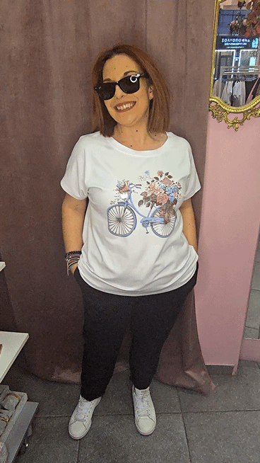 Γυναικείο T-Shirt με Ποδήλατο & Λουλούδια Μπλε-1