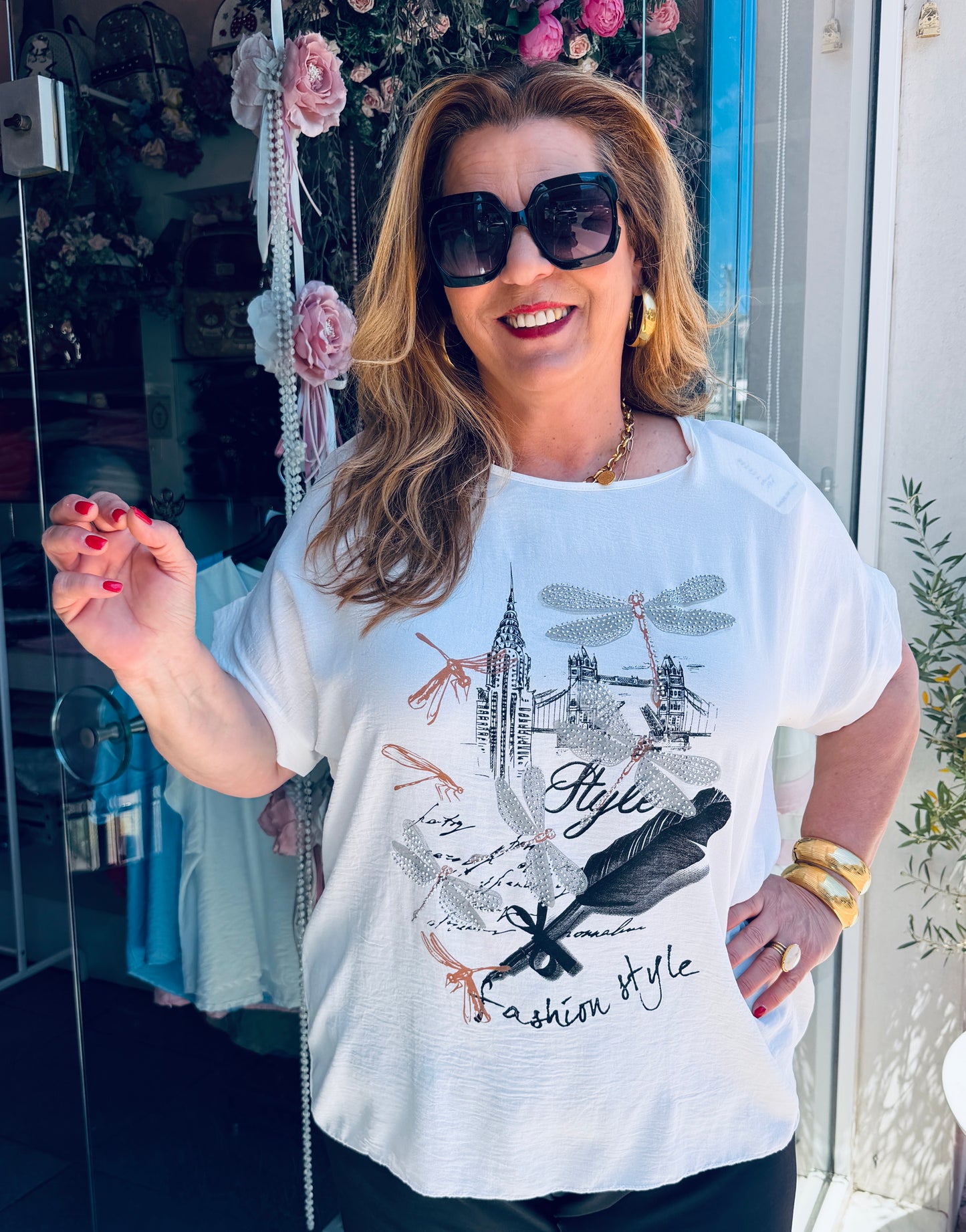 Λευκή Oversized Μπλούζα Fashion Style με Στρας & Σχέδιο Dragonfly-1