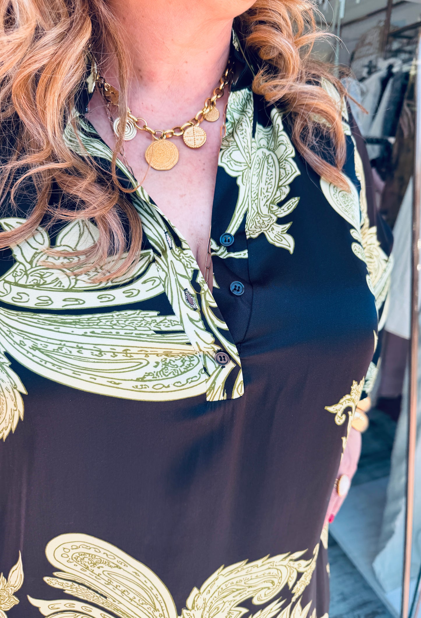Maxi Καφτάνι Satin Look με Σχέδια “ΛΑΧΟΥΡΙΑ” Μαύρο με πράσινο-3