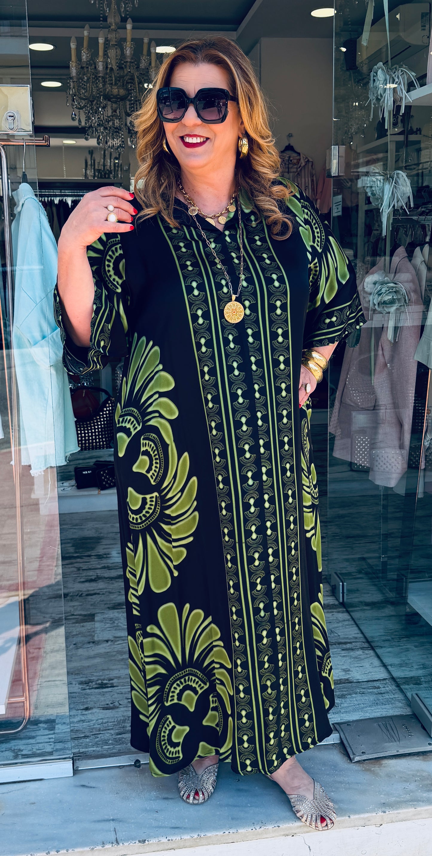 Maxi Καφτάνι “VIETNAM” Satin Look μαύρο με πράσινο-2