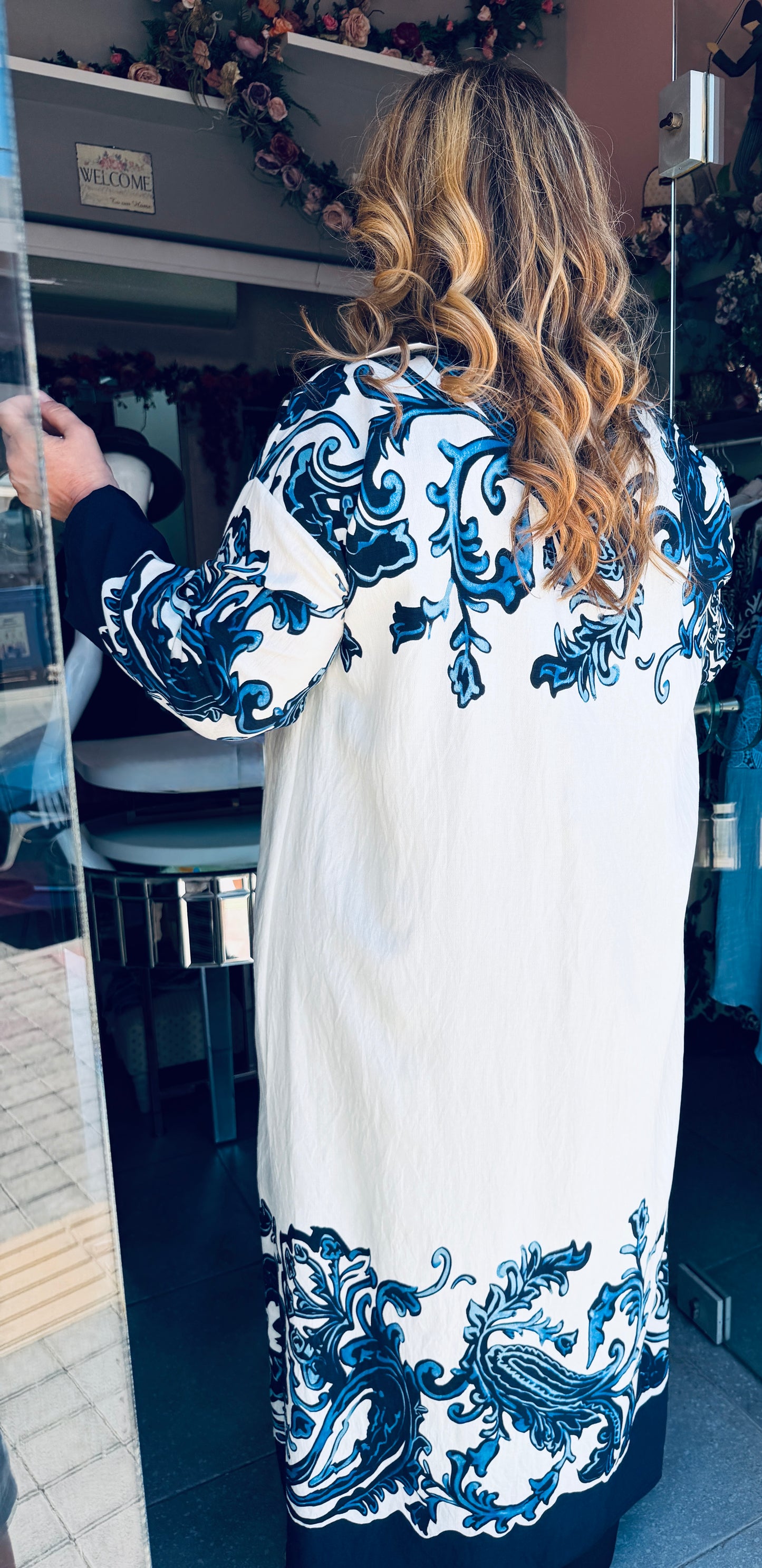 Μακρύ Κιμονό με Baroque Σχέδιο & Ζωνάκι Plus Size Μπλέ-3