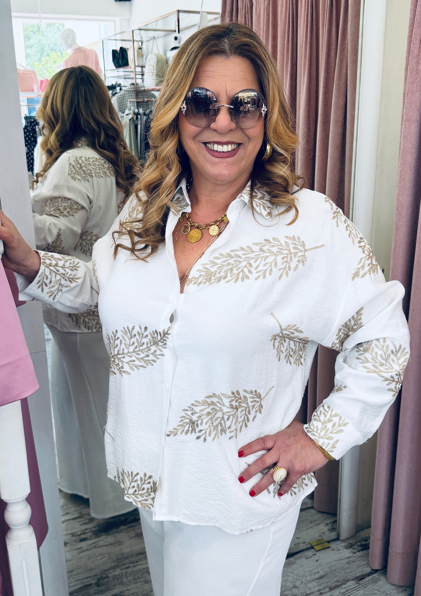 Πουκάμισο Cotton με Χρυσό Κέντημα Plus Size Λευκό-2