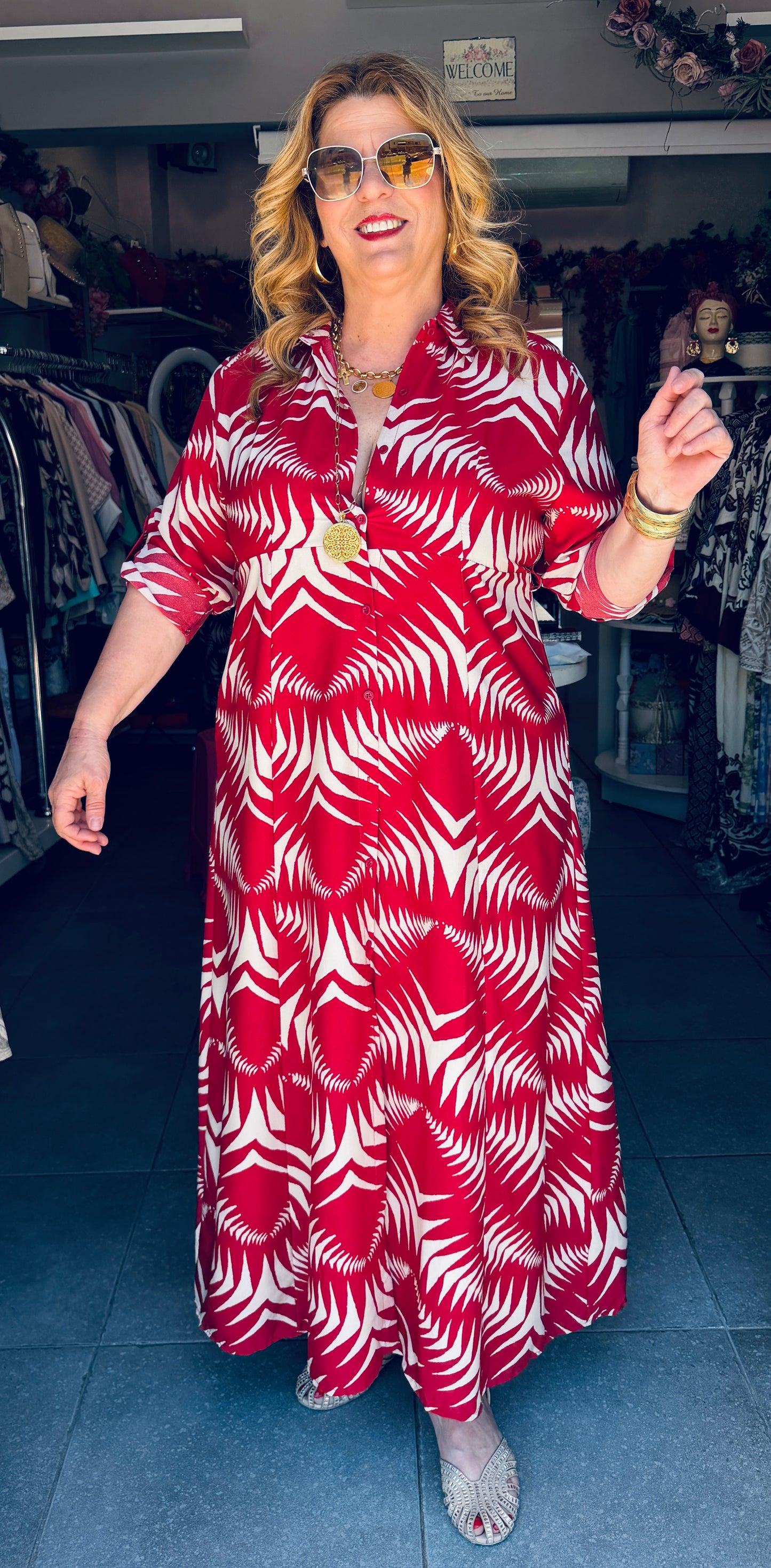Μάξι Φόρεμα Σεμιζιέ με Σχέδιο & Ζωνάκι Plus Size Κοκκίνο-Ασπρο -4