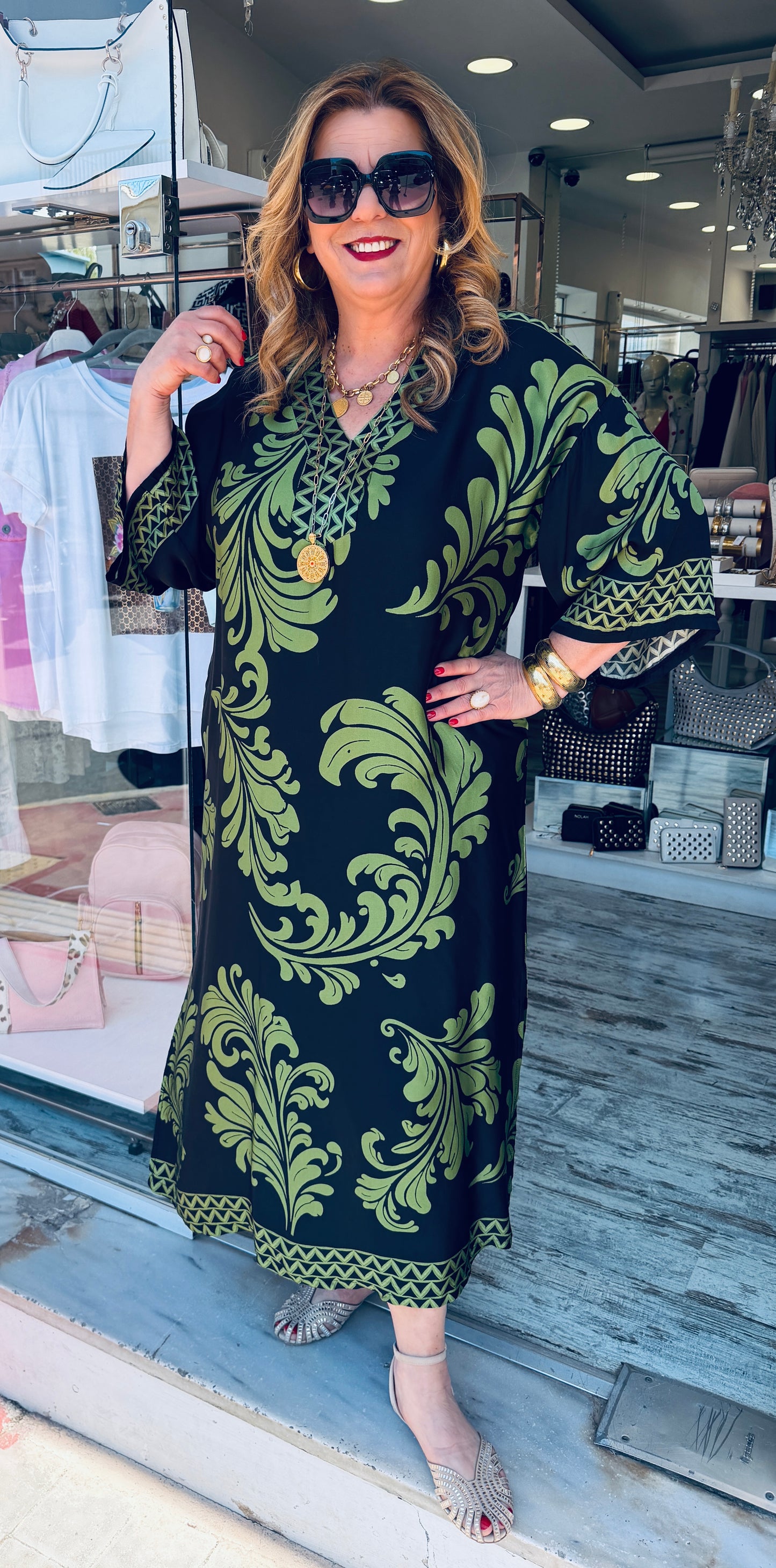 Maxi Καφτάνι Satin Look με V Λαιμόκοψη Μπλε με Μαύρο με πράσινο-3