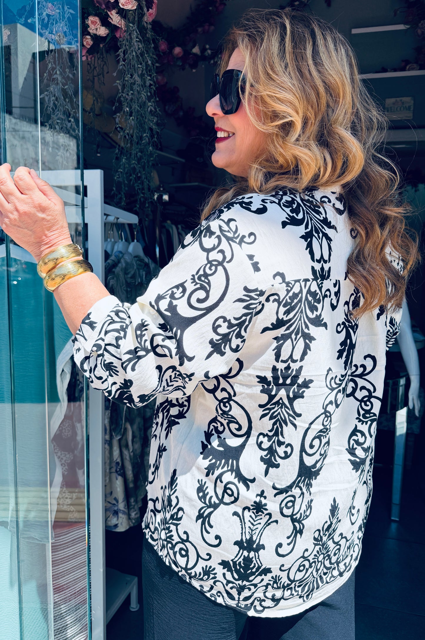 Boho Πουκάμισο με Μάο Γιακά & Άνετη Γραμμή Plus Size Μαύρο-4