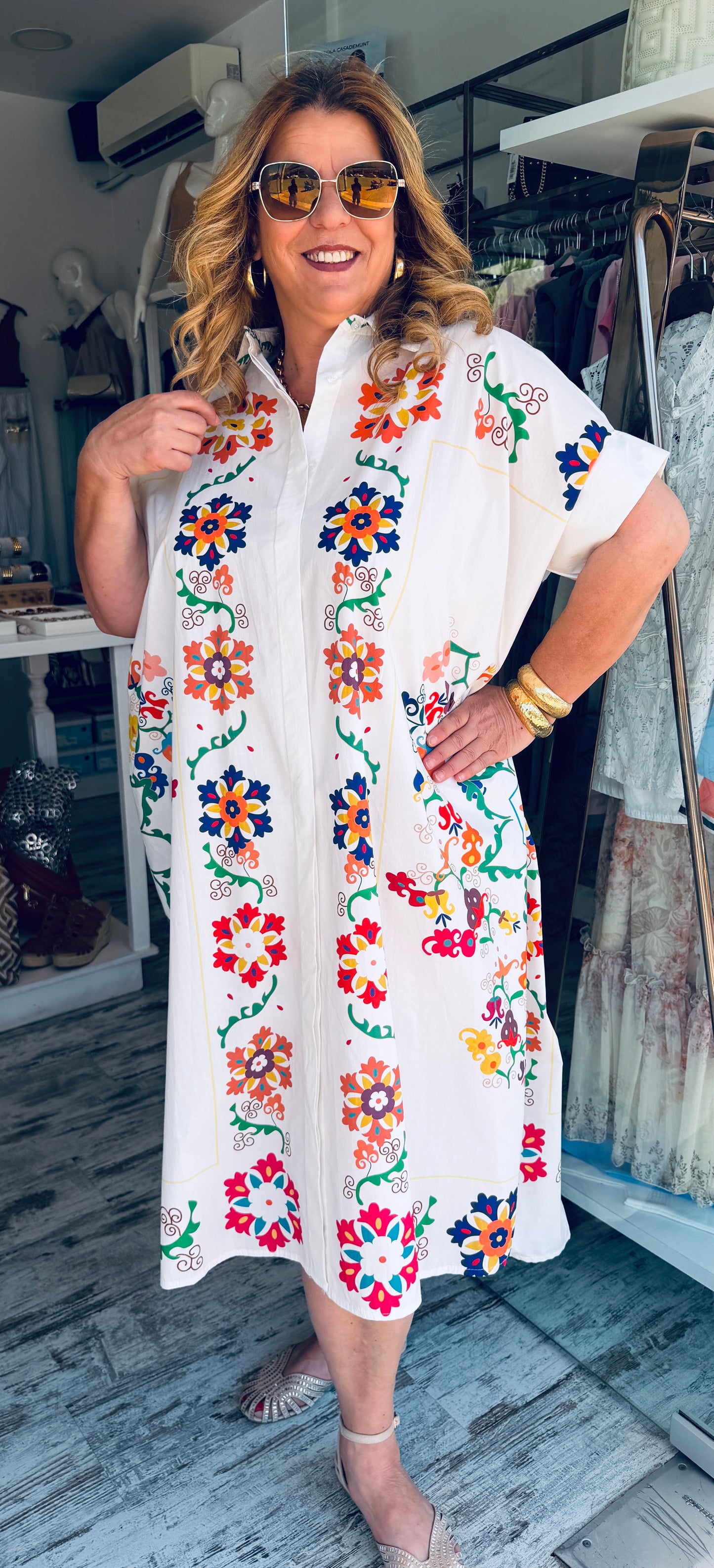 Βαμβακερό Σεμιζιέ Φόρεμα με Έντονο Floral Print