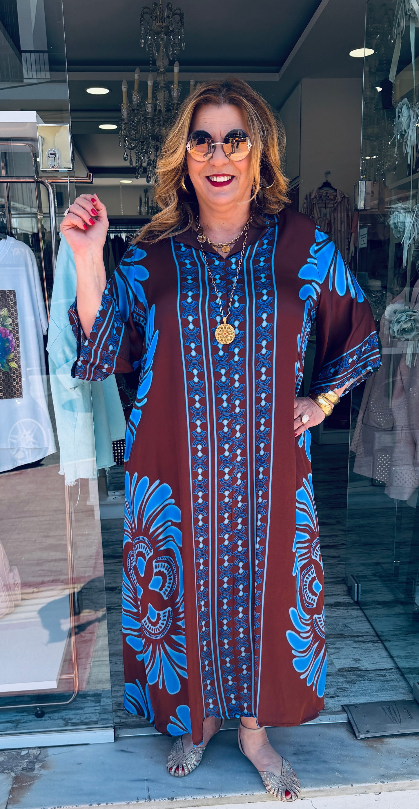 Maxi Καφτάνι “VIETNAM” Satin Look Σοκολά με Λουλακί-1
