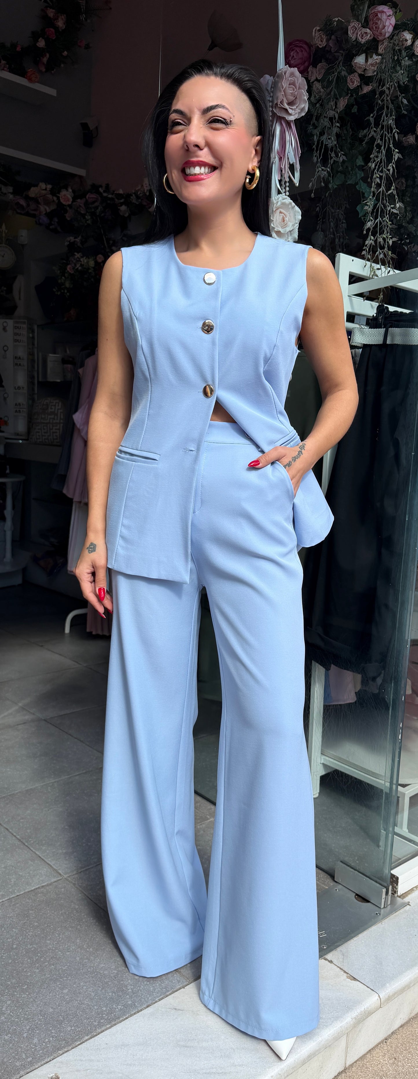 Σετ μπλε γιλέκο με κουμπια και παντελόνι-1