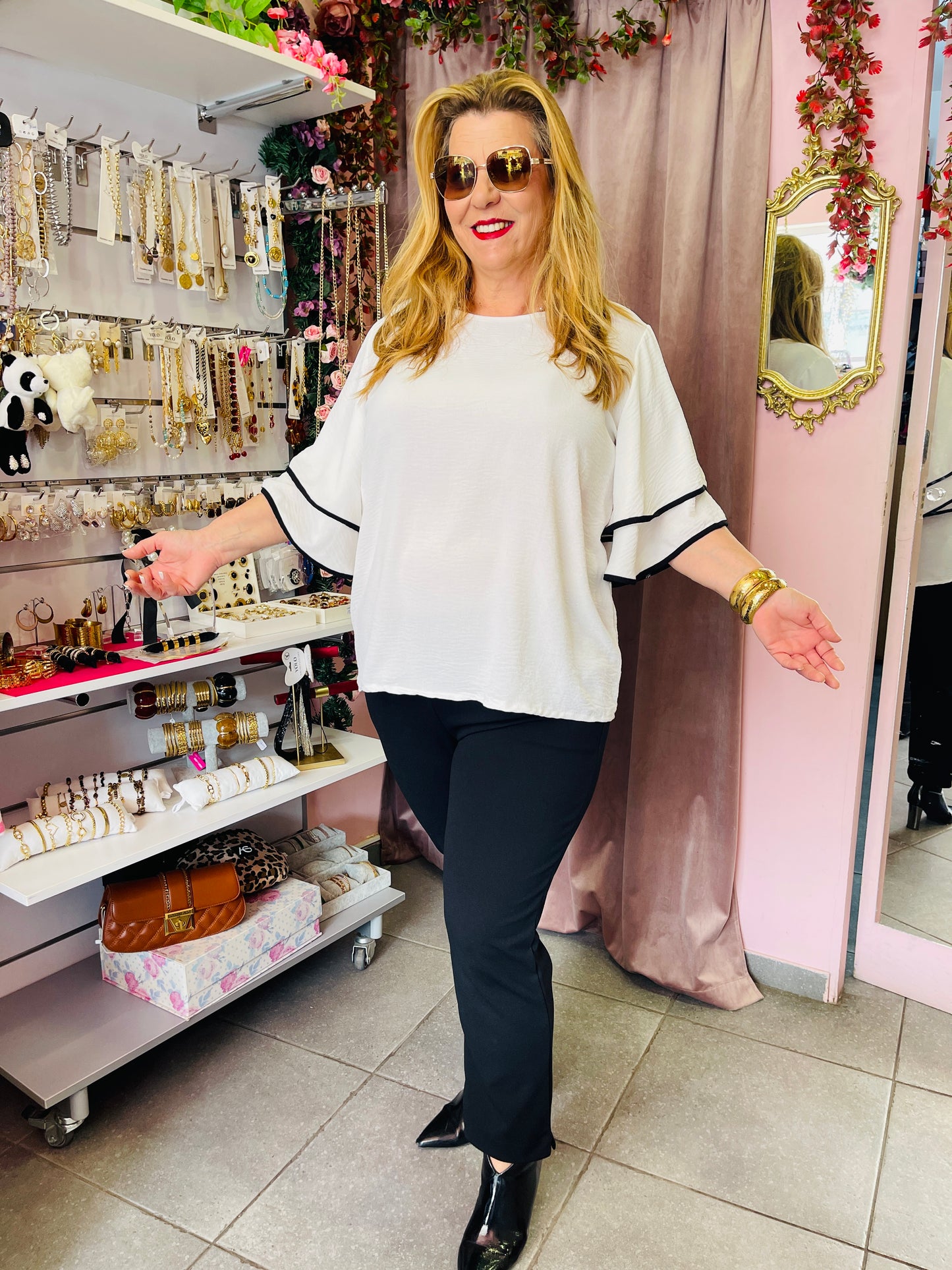 Λευκη Oversized Μπλούζα με Διπλό Βολαν Μανίκι & Λεπτομέρεια -4