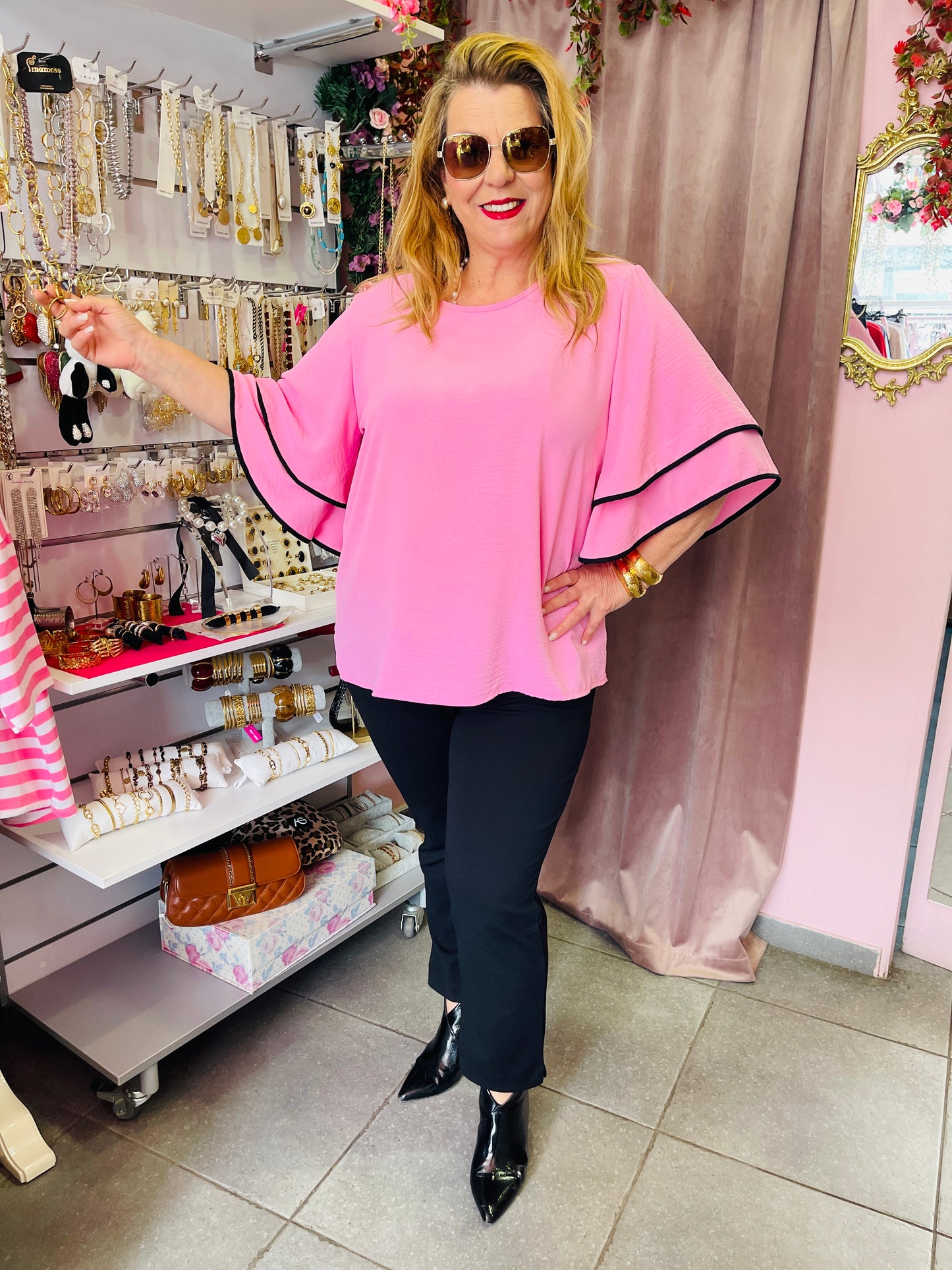 Ροζ Oversized Μπλούζα με Διπλό Βολαν Μανίκι & Λεπτομέρεια -2