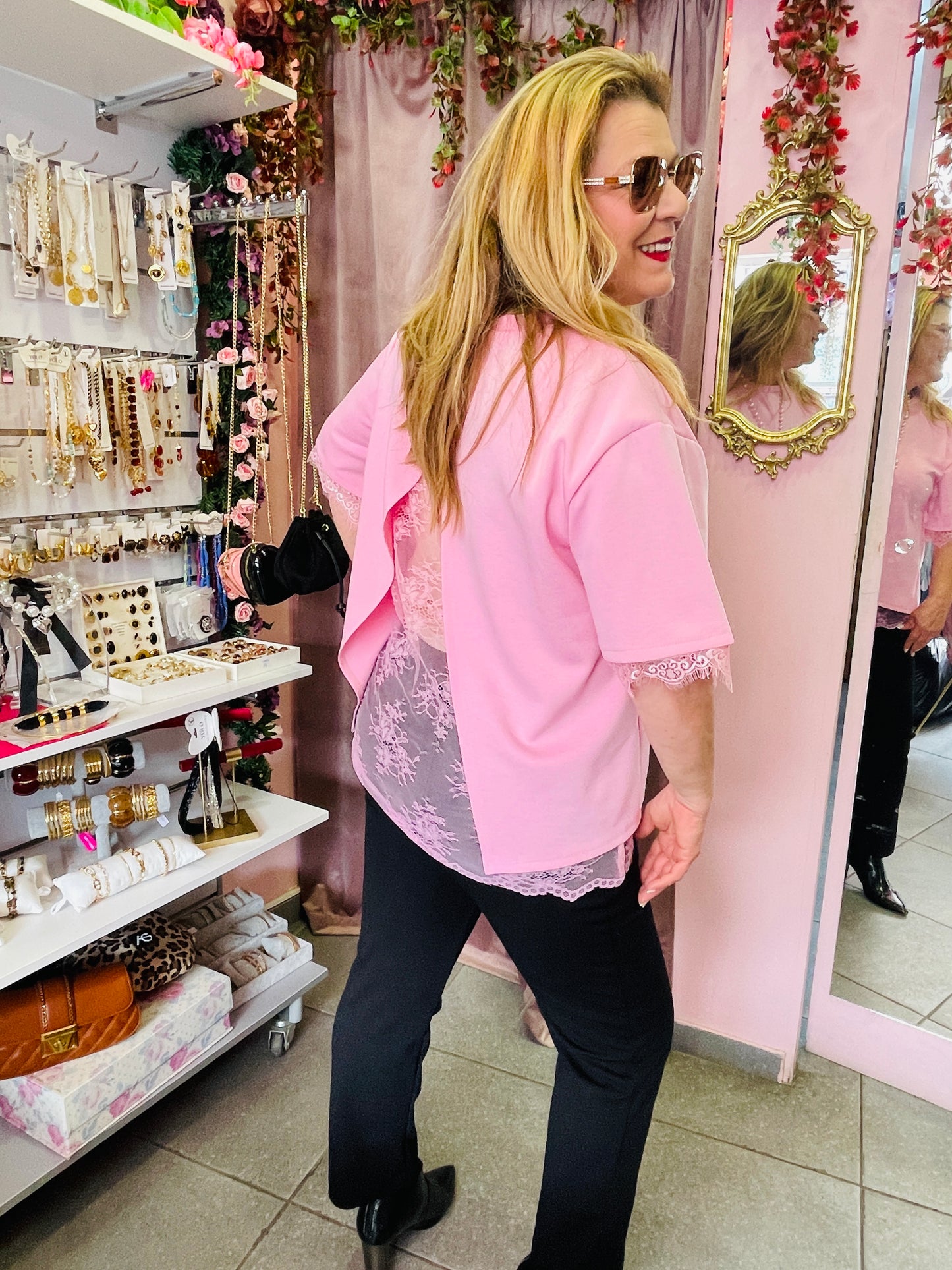 Μπλούζα με Δαντέλα & Ανοιχτή Πλάτη Ροζ-4