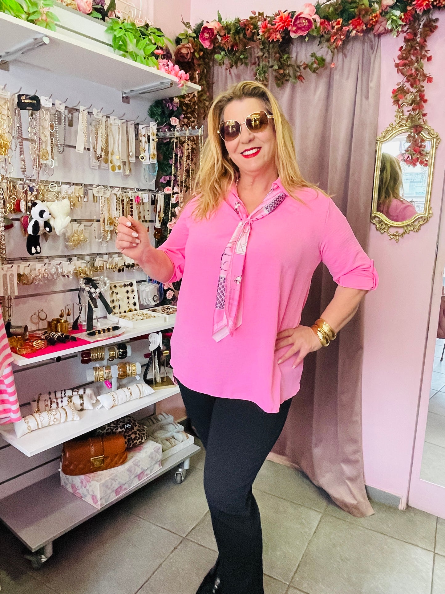 Κομψή Γυναικεία Μπλούζα με Φουλάρι – Μοντέρνο Top Ροζ-6