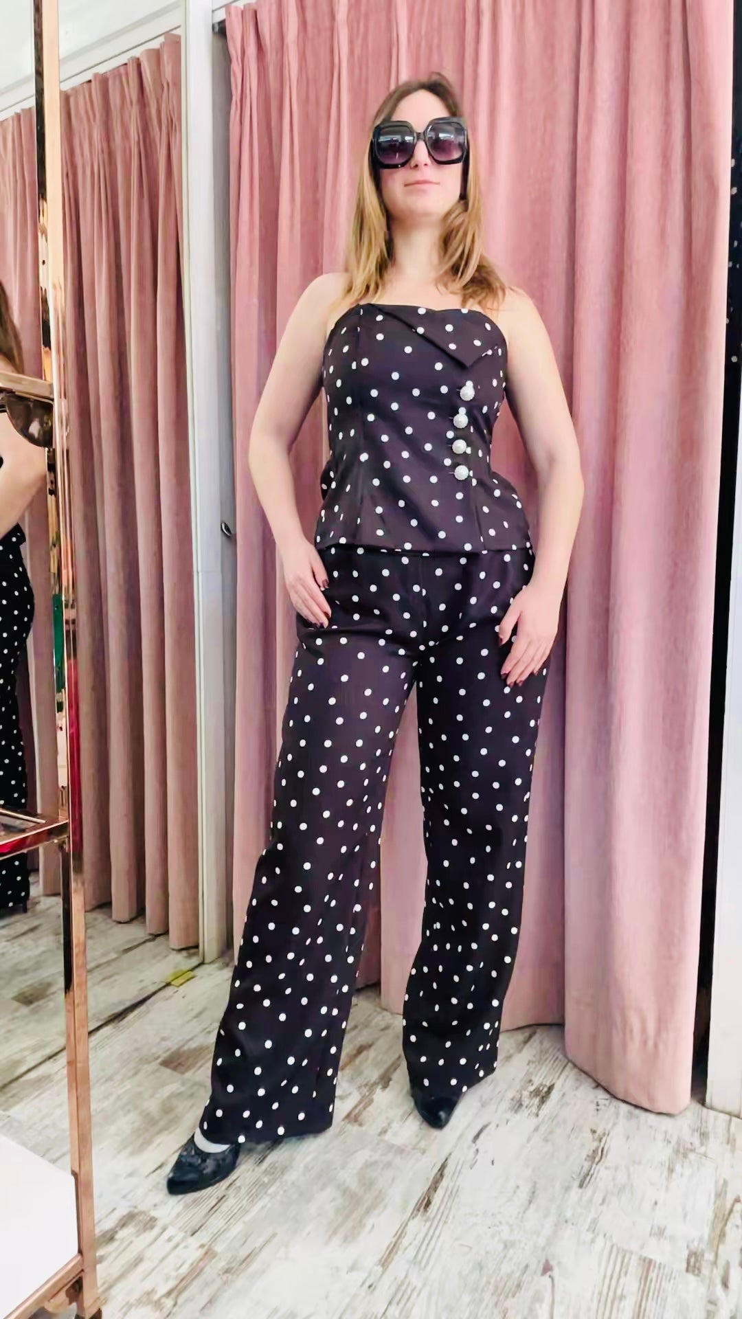 Γυναικείο Σετ Πουά με Strapless Top & Παντελόνι Μαυρο-3