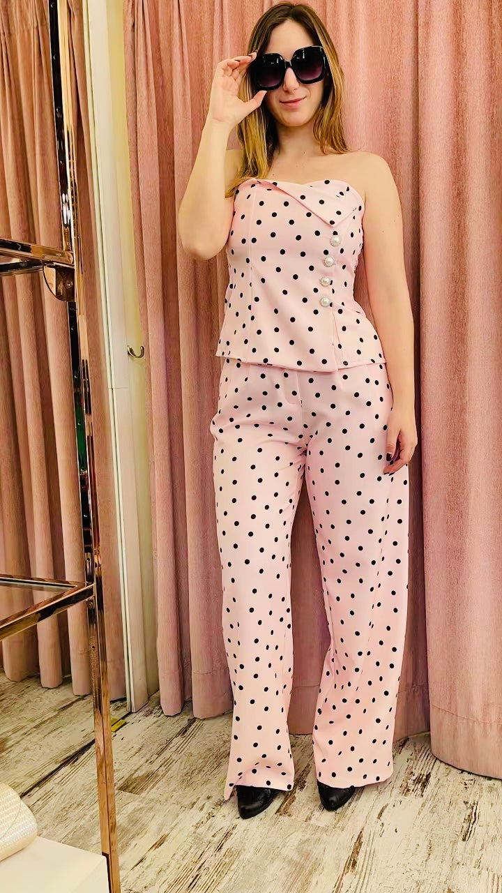 Γυναικείο Σετ Πουά με Strapless Top & Παντελόνι Ροζ-1