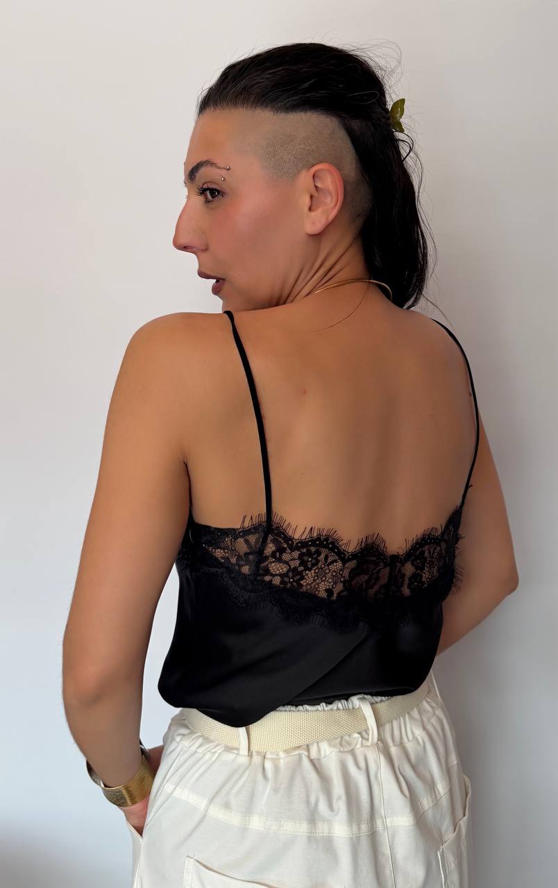 Γυναικείο Satin Top με Δαντέλα Μαύρο-2