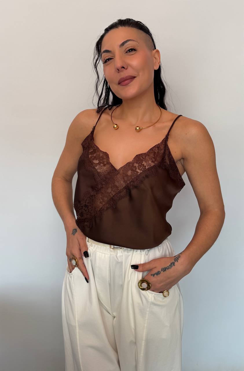Γυναικείο Satin Top με Δαντέλα Καφε-3