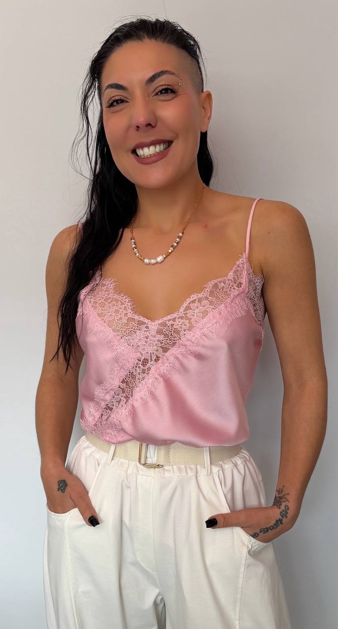Γυναικείο Satin Top με Δαντέλα Ροζ-8