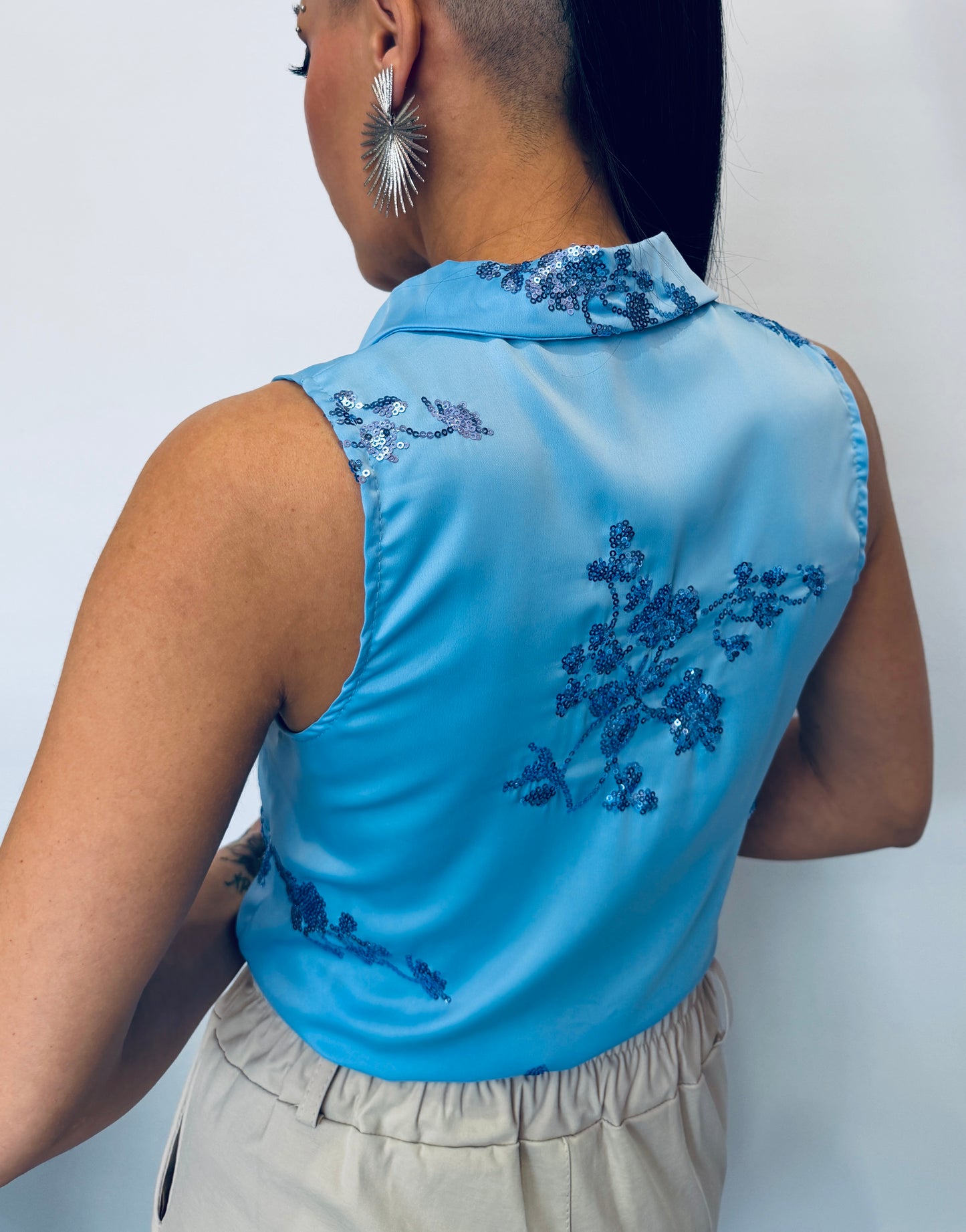 Γυναικείο Αμάνικο Πουκάμισο Crop με Δέσιμο & Παγιέτες Γαλάζιο-1