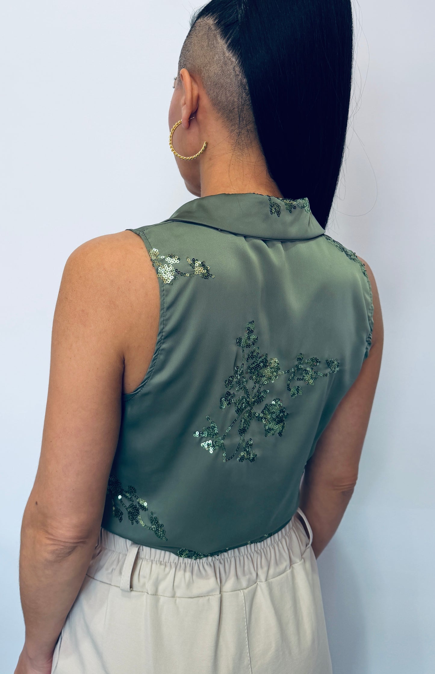 Γυναικείο Αμάνικο Πουκάμισο Crop με Δέσιμο & Παγιέτες Πράσινο-2