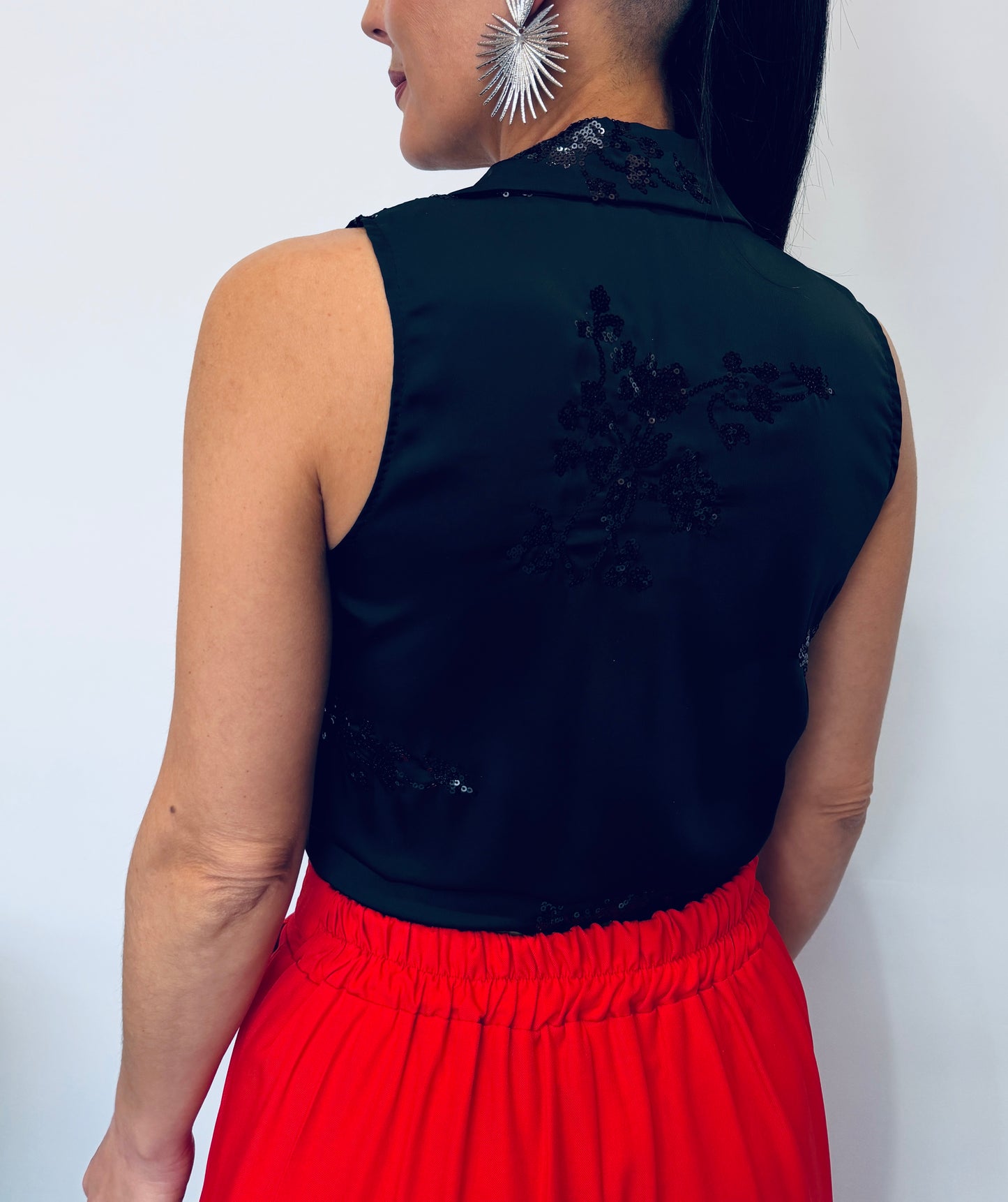 Γυναικείο Αμάνικο Πουκάμισο Crop με Δέσιμο & Παγιέτες Μαύρο-4