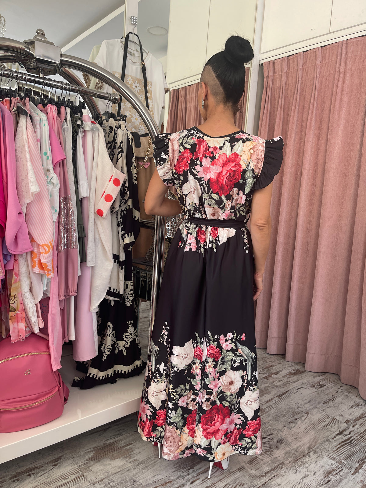 Satin Floral A-Line Dress with Belt & Ruffles Black-1