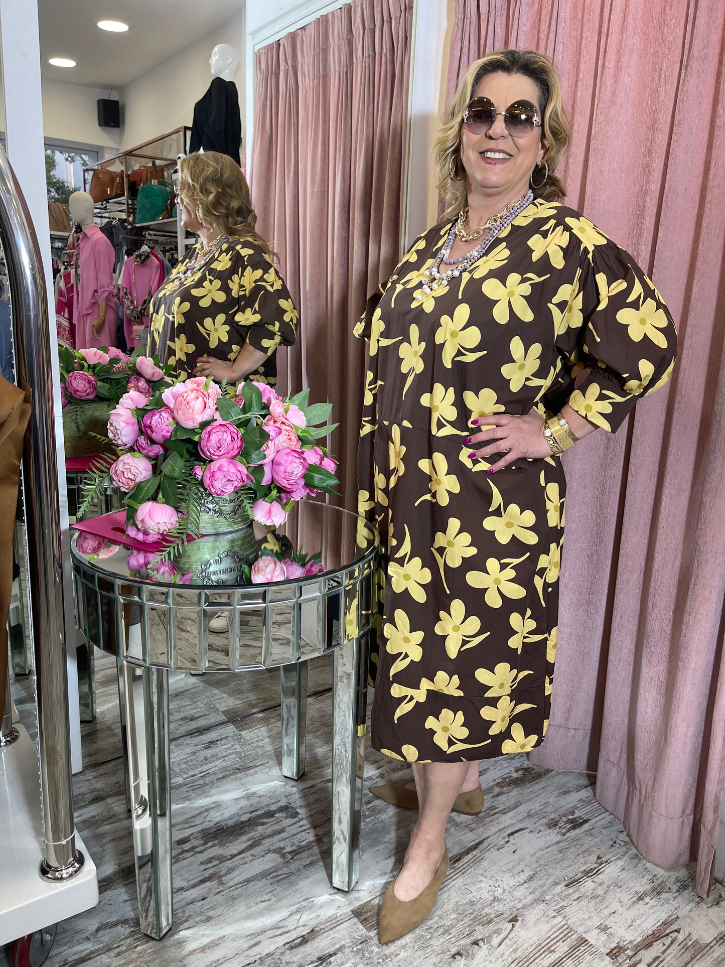 Κομψό Φόρεμα 100% Βαμβακερό με Λουλούδια Καφέ