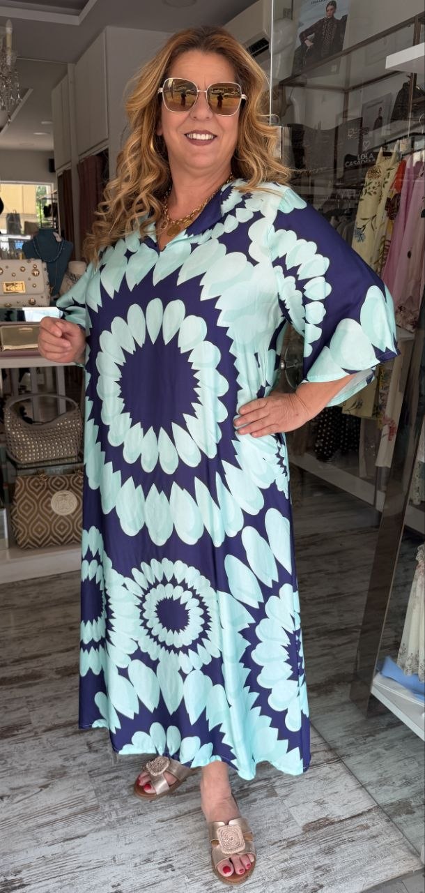 Maxi Καφτάνι Satin Look Aqua Blue με Mint Print-3
