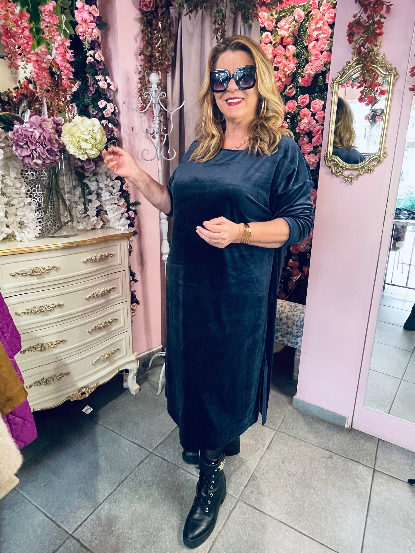 Υπέροχο Velvet φόρεμα Μπλε σκούρο-3