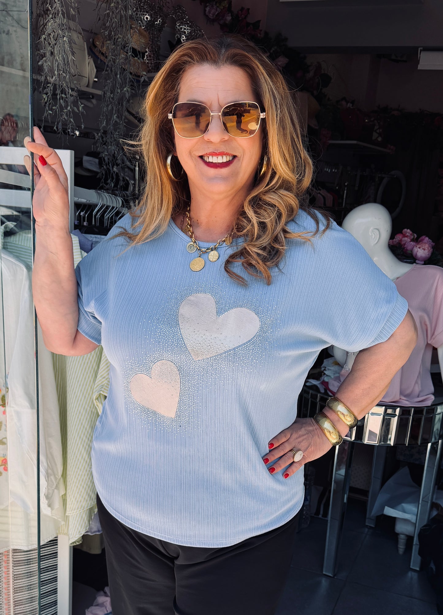 Oversized Γαλάζιο Ριπ Μπλούζα με Καρδιές & Στρας Plus Size-2