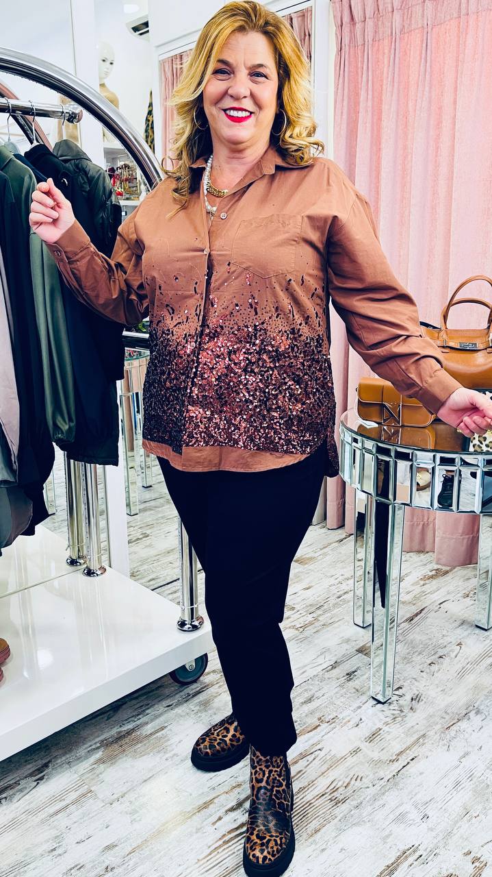 πουκάμισο με λεπτομέρειες χάντρες καφε -1