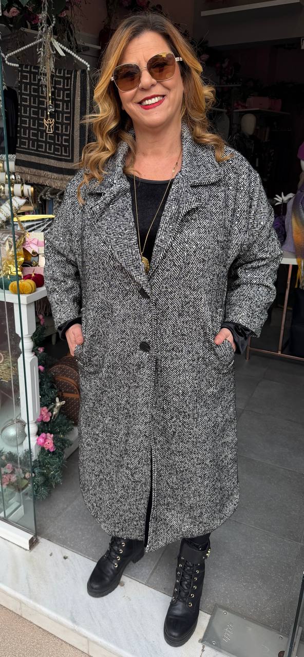 Παλτό γκρι ασπρόμαυρο με σχέδιο ψαροκόκκαλο