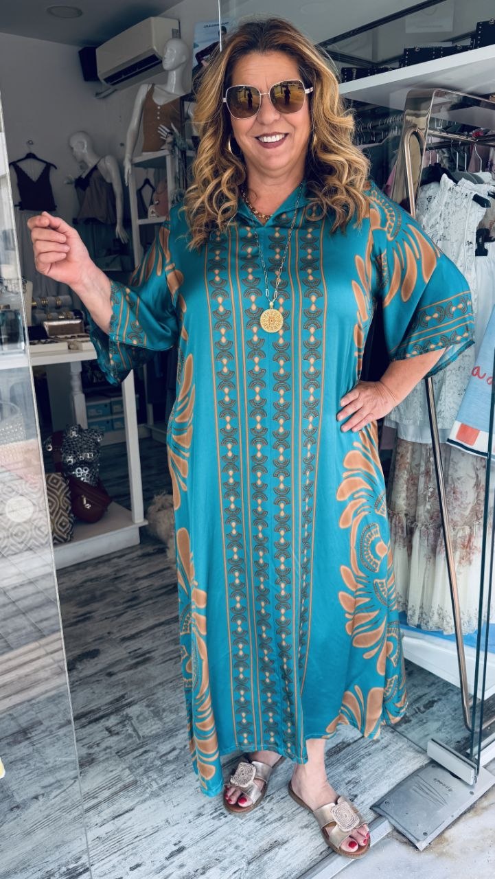 Maxi Καφτάνι Satin Look Τιρκουάζ Χρυσο-3