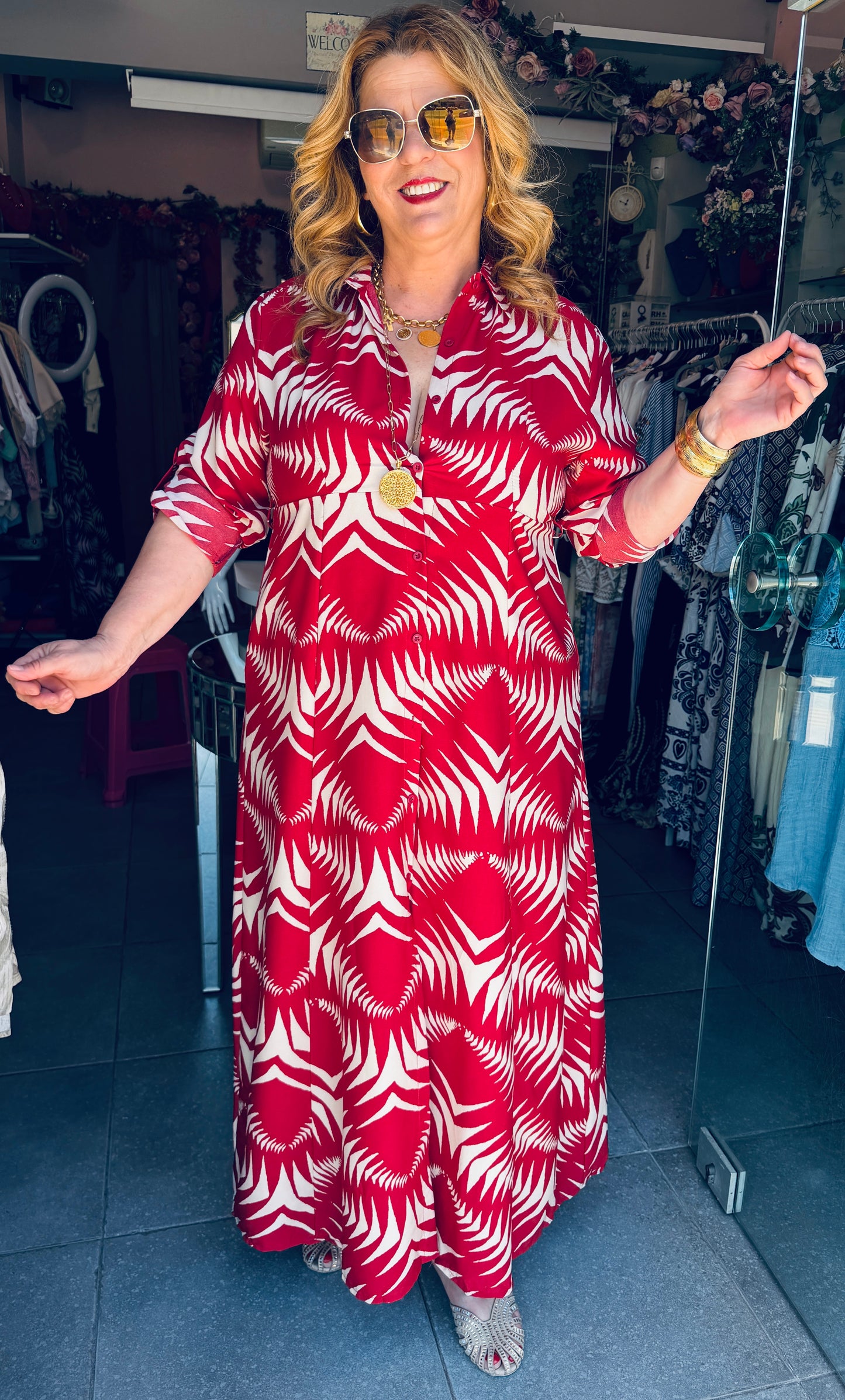 Μάξι Φόρεμα Σεμιζιέ με Σχέδιο & Ζωνάκι Plus Size Κοκκίνο-Ασπρο -4