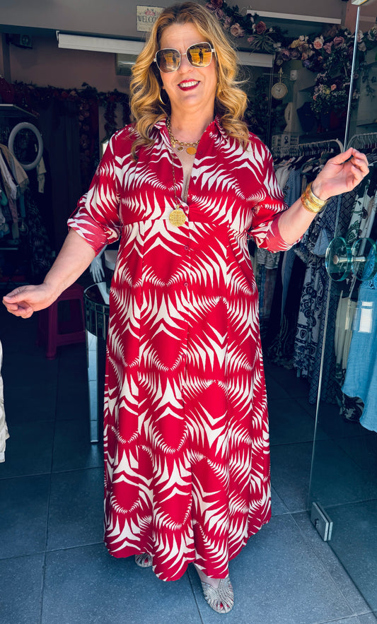 Μάξι Φόρεμα Σεμιζιέ με Σχέδιο & Ζωνάκι Plus Size Κοκκίνο-Ασπρο -4