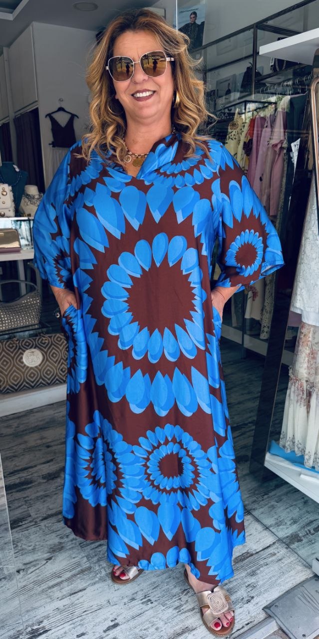 Maxi Καφτάνι Satin Look Σοκολά με Λουλάκι Print-4