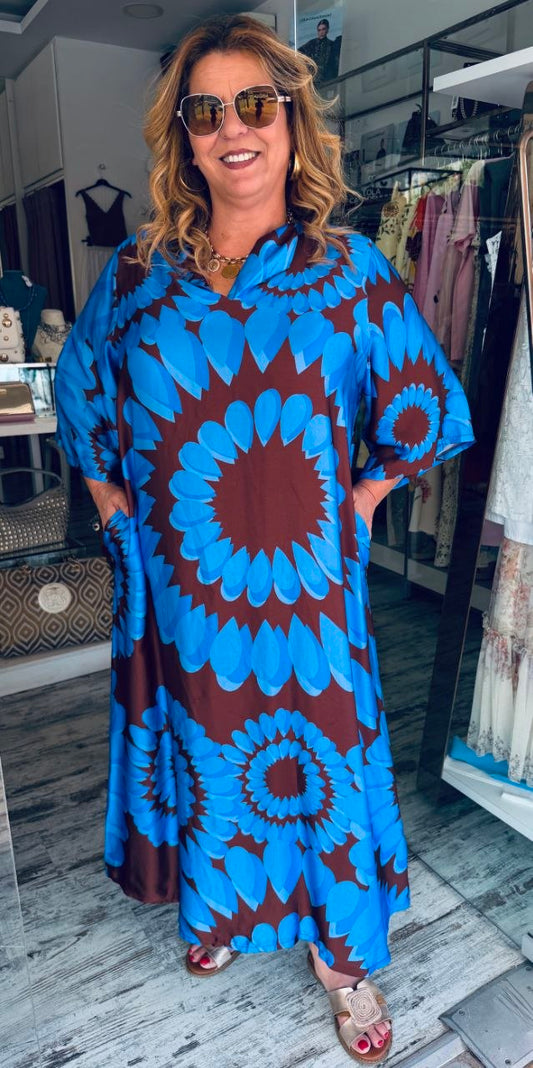 Maxi Καφτάνι Satin Look Σοκολά με Λουλάκι Print-4