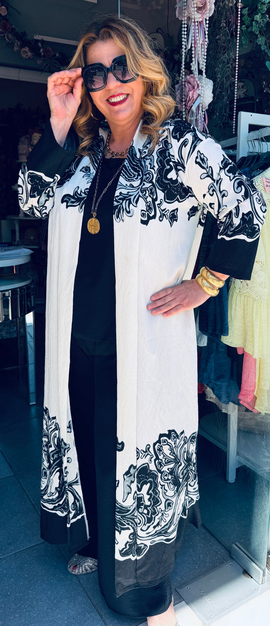 Μακρύ Κιμονό με Baroque Σχέδιο & Ζωνάκι Plus Size Μαύρο-1