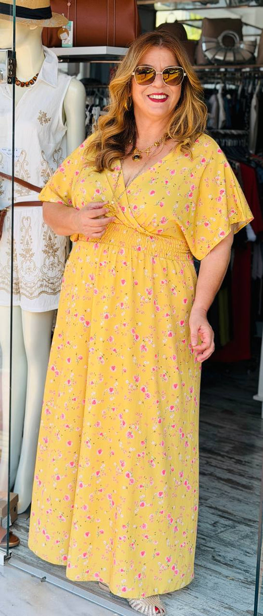 Maxi Floral Φόρεμα με Σφηκοφωλιά στη Μέση