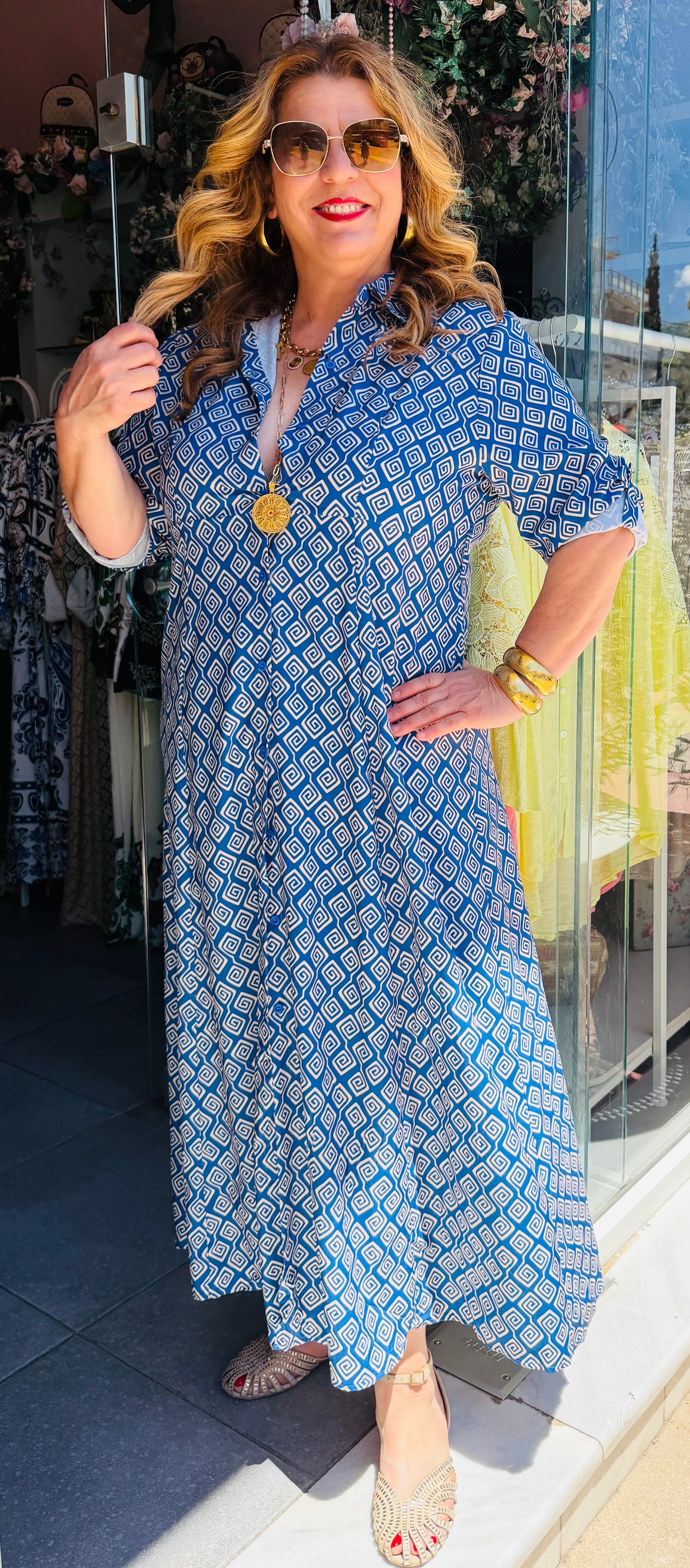 Μάξι Φόρεμα Σεμιζιέ με Σχέδιο Μέανδρος Plus Size Μπλε -3