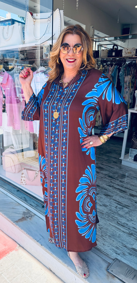 Maxi Καφτάνι “VIETNAM” Satin Look Σοκολά με Λουλακί-1