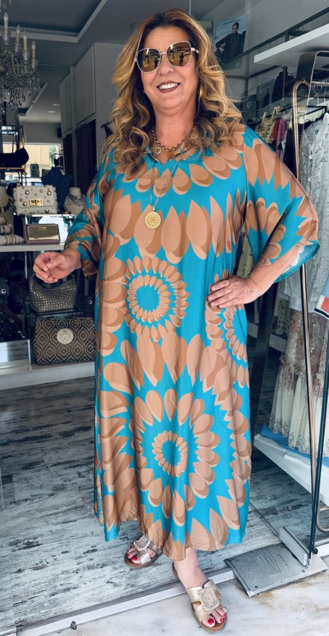 Maxi Καφτάνι Satin Look Τιρκουάζ με Χρυσό Print-2