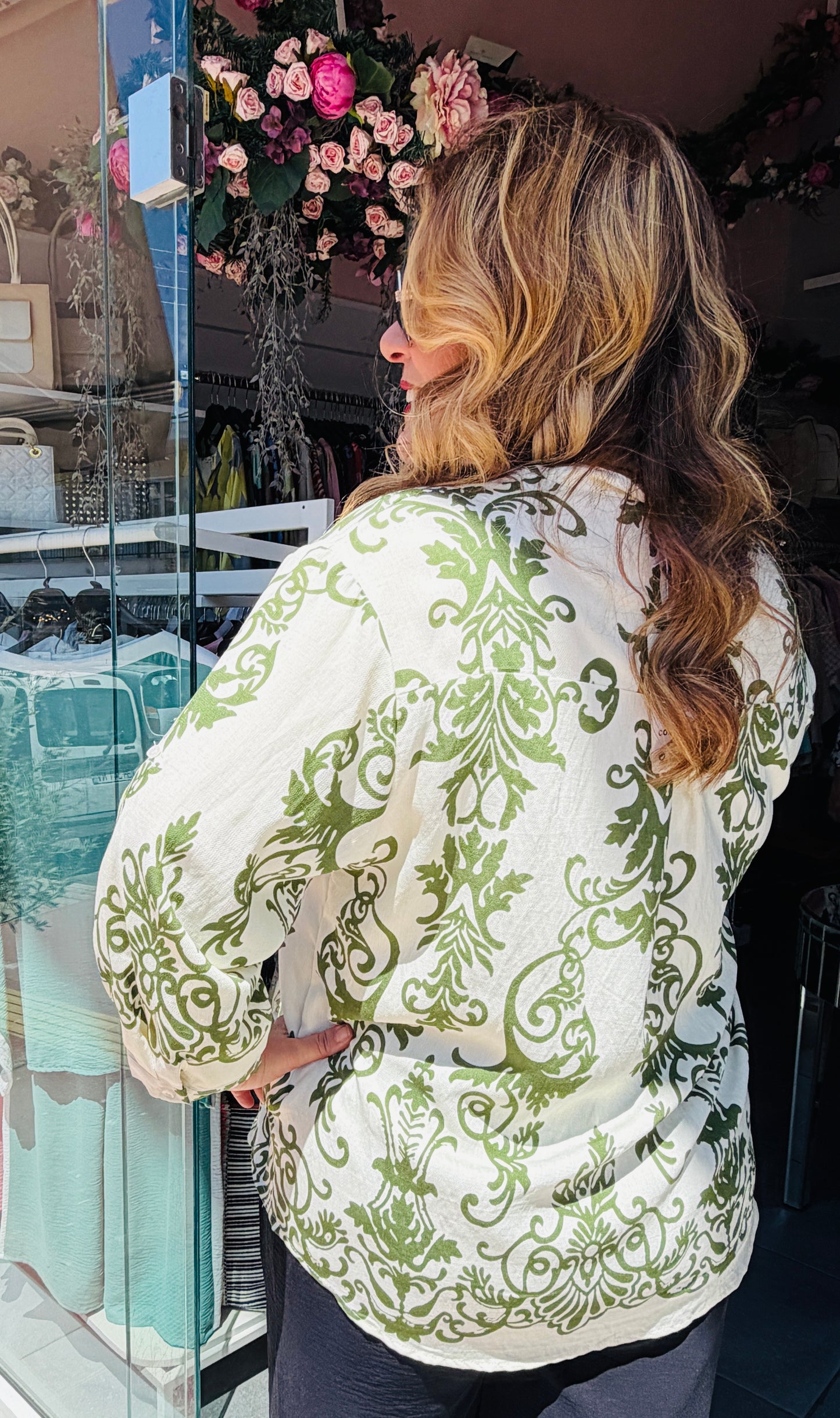 Boho Πουκάμισο με Μάο Γιακά & Άνετη Γραμμή Plus Size Πράσινο-3