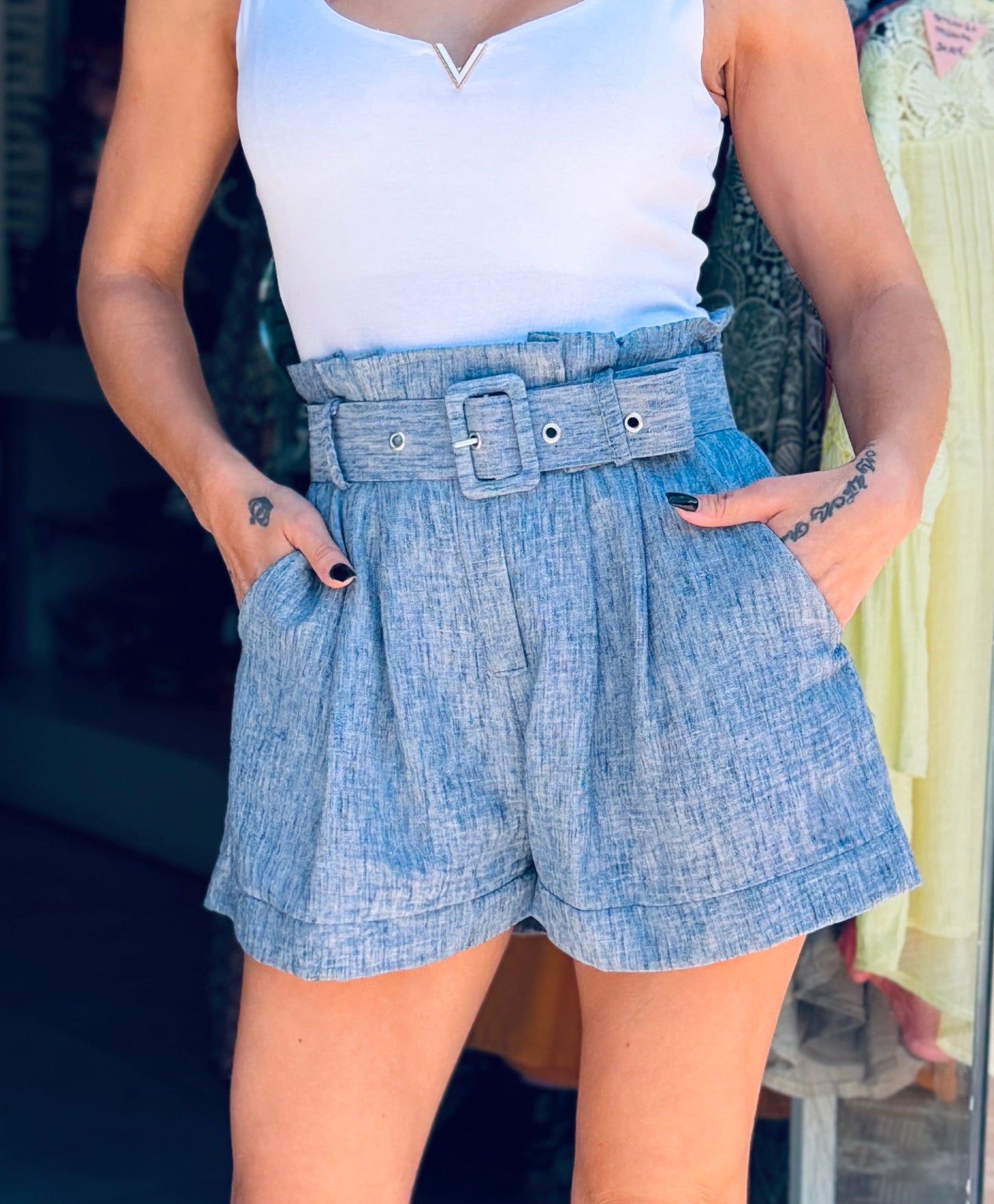 Ψηλόμεσο Shorts με Ζώνη – Μπλε-2