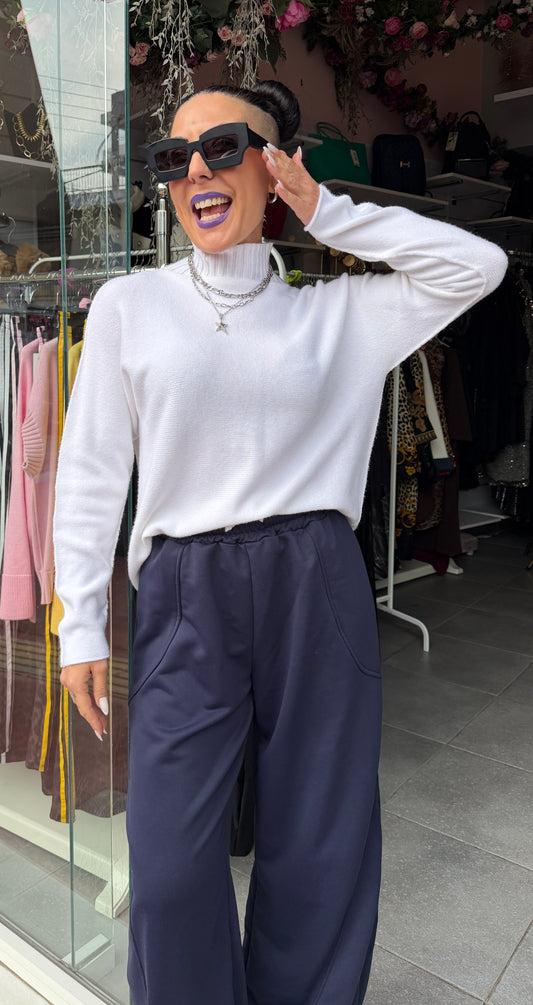 Υπέροχο πλεκτό πουλόβερ ζιβάγκο με ριπ στον λαιμό Άσπρο-4