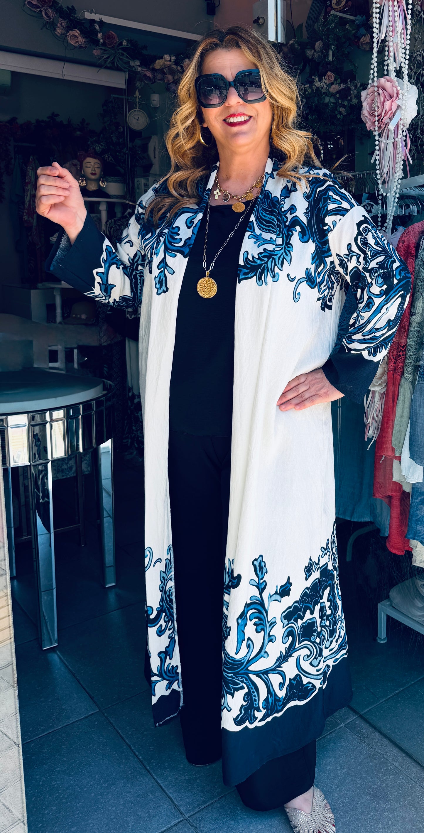 Μακρύ Κιμονό με Baroque Σχέδιο & Ζωνάκι Plus Size Μπλέ-3