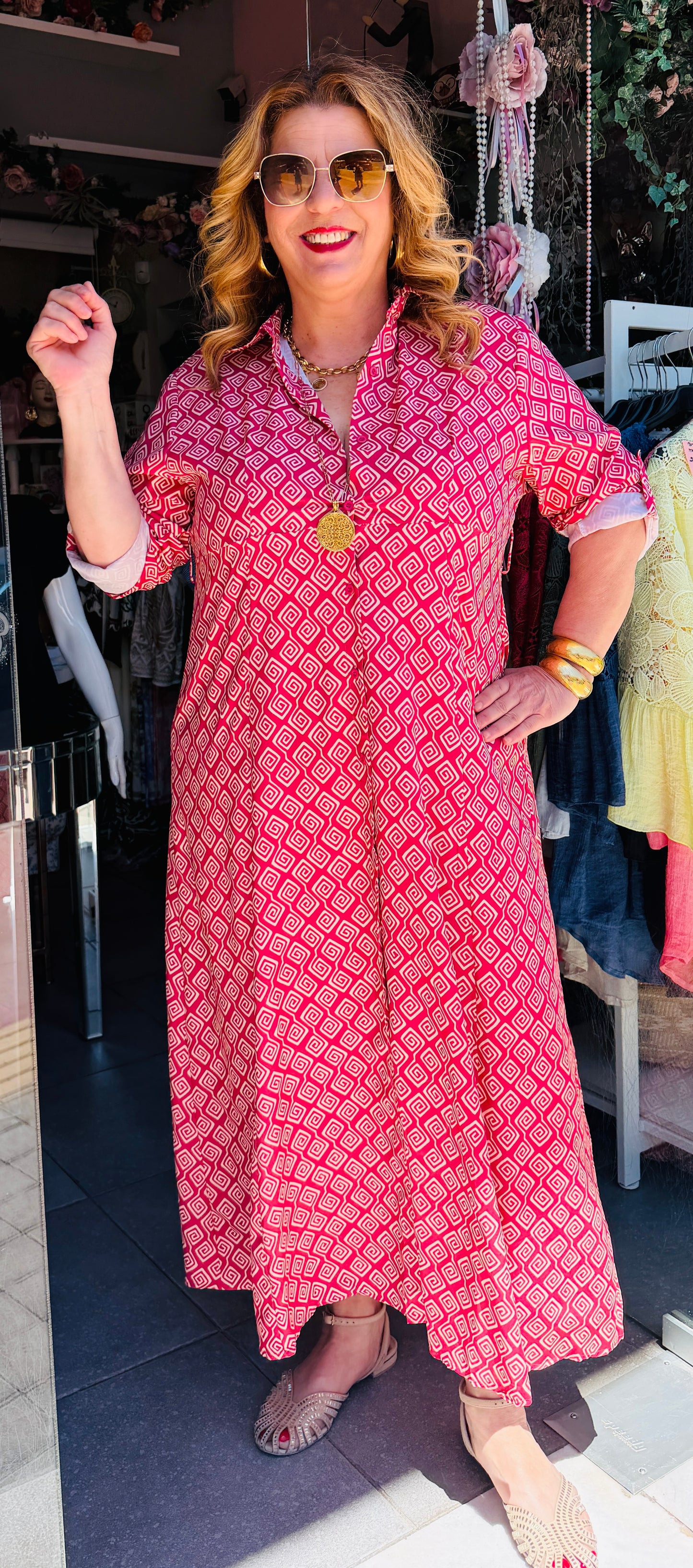 Μάξι Φόρεμα Σεμιζιέ με Σχέδιο Μέανδρος Plus Size Kokkino-2
