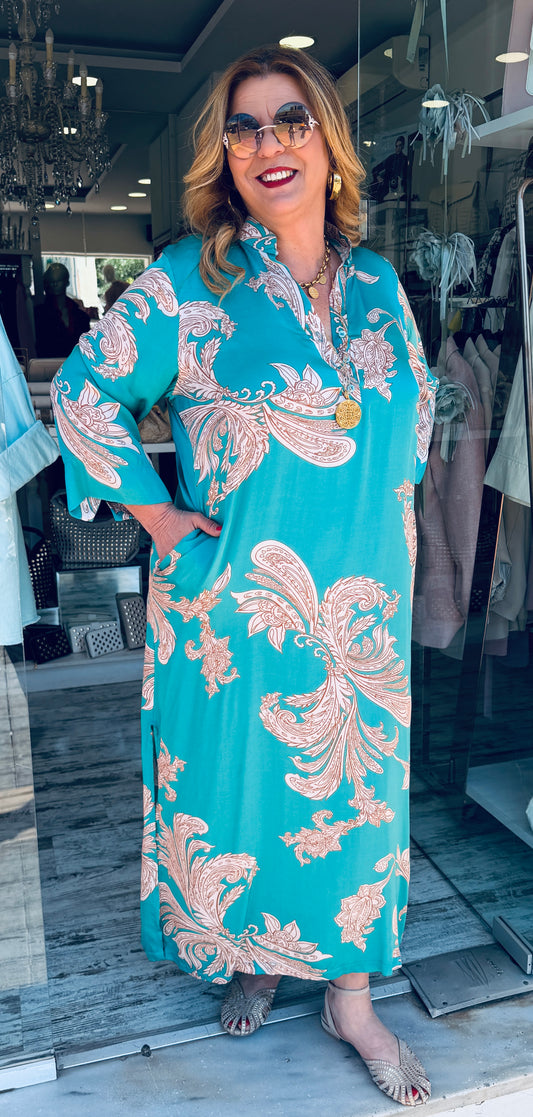 Maxi Καφτάνι Satin Look με Σχέδια “ΛΑΧΟΥΡΙΑ” Τυρκουαζ με μπεζ-4